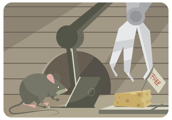 A Mouse Tries to Hack a Mouse Trap with Laptop and Robot Vector 