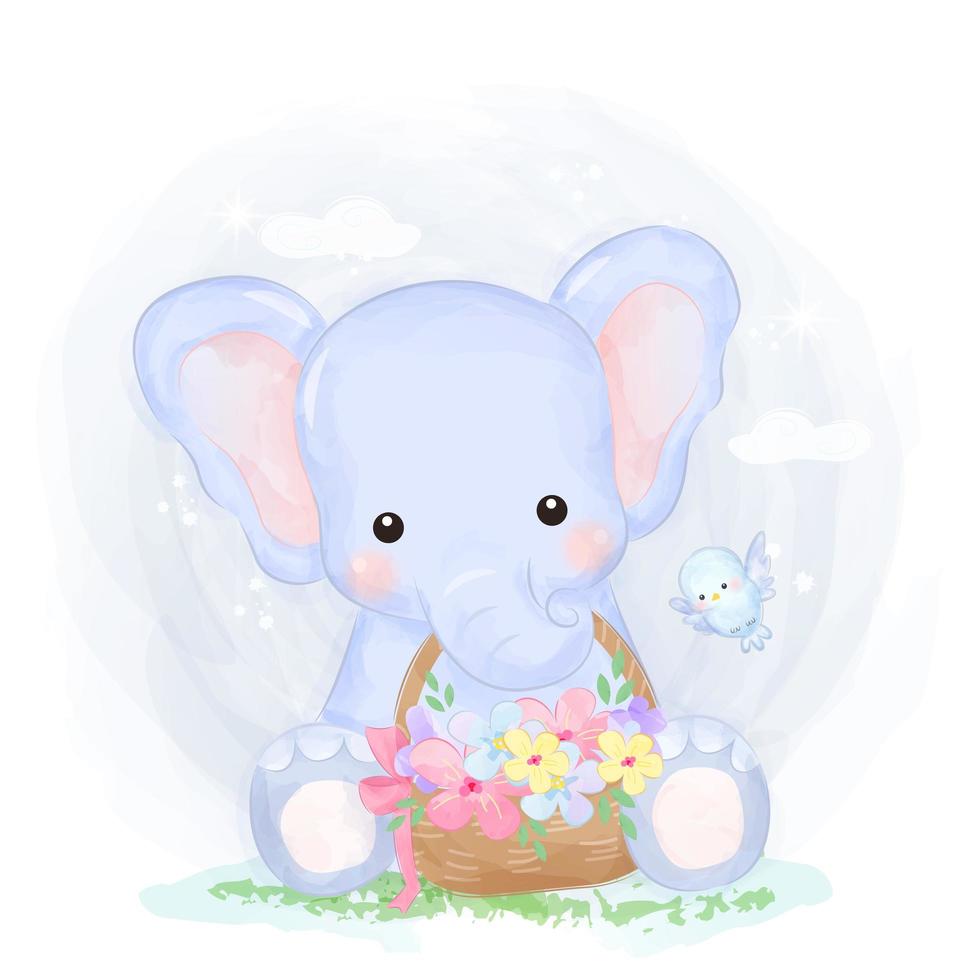 Adorable baby elephant holding flower basket vector