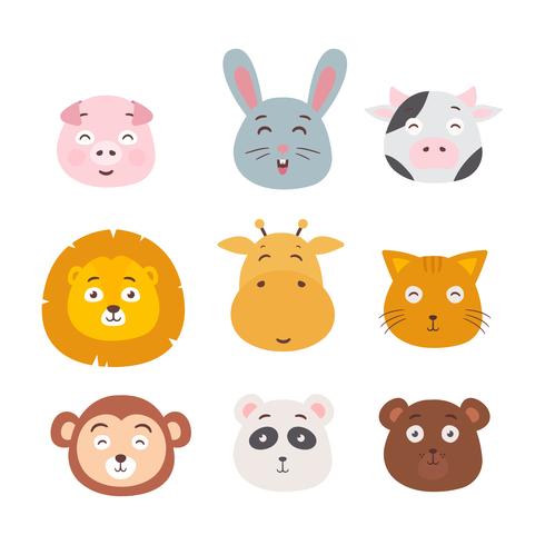 Animal Faces Set Vector Illustration