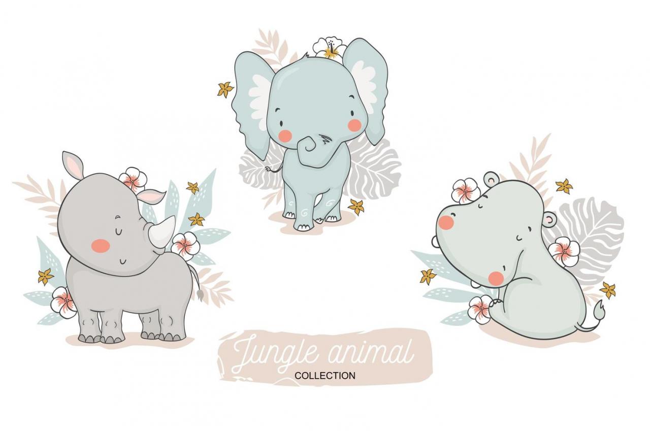 Baby Elephant, Rhino, Hippo Floral Set vector