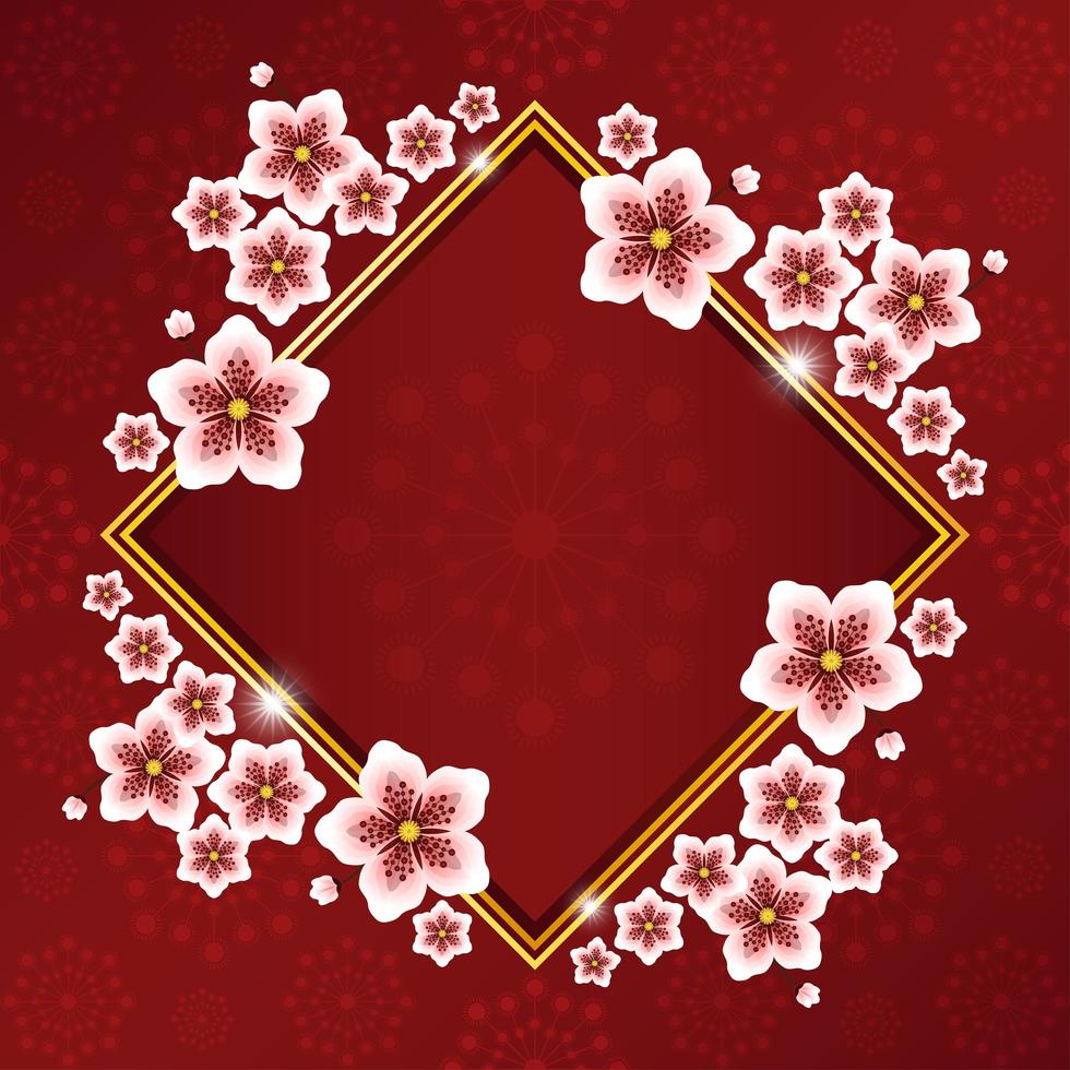 Beautiful Cherry Blossom with Red Gold Frame and Flower Pattern vector