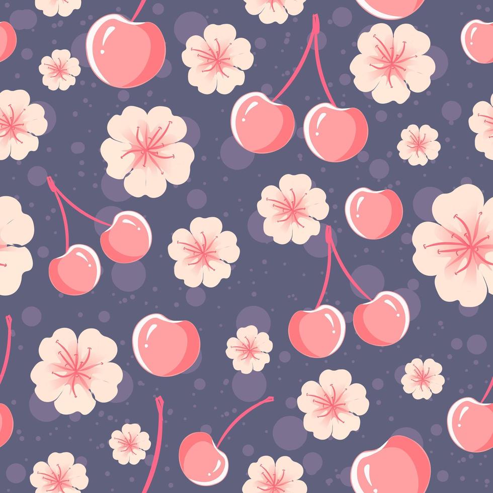 Cherries and flowers seamless pattern vector