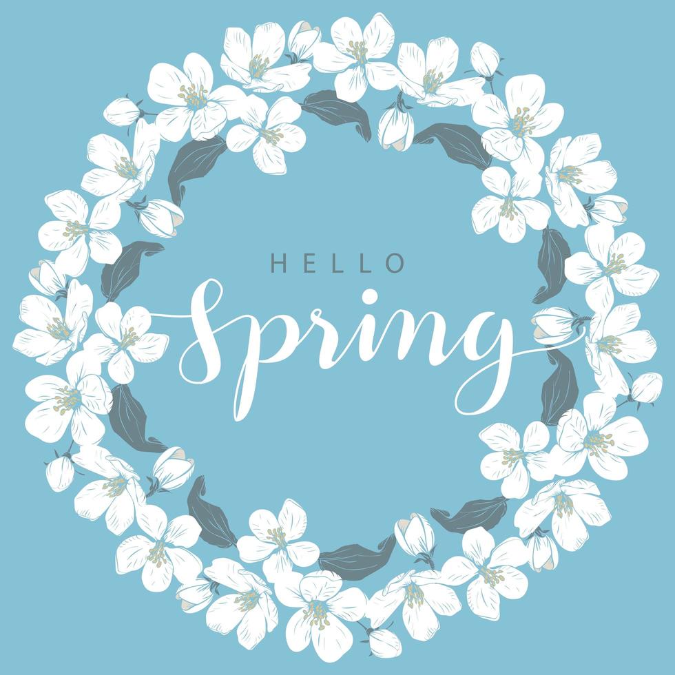 Cherry blossom round frame with hello Spring lettering vector