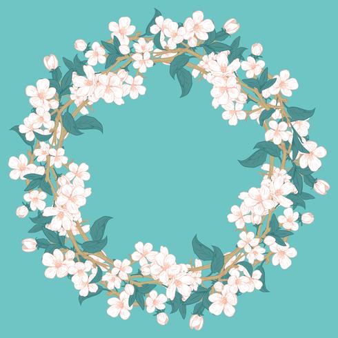 Cherry blossom round pattern on blue turquoise background vector
