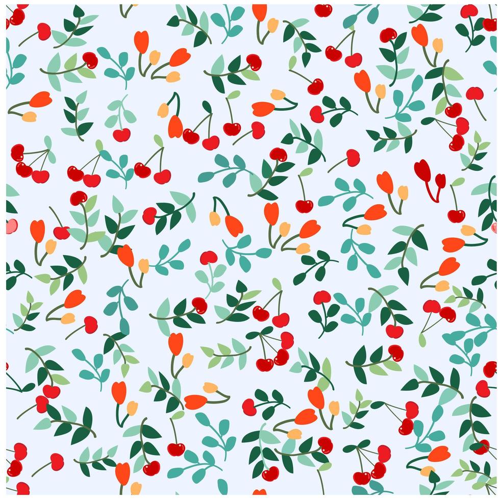 Cherry flower and leaves seamless pattern vector