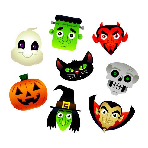 Collection of vector cartoons of various Halloween characters: Frankenstein, Devil, Black Cat, Skeleton, Jack O'Lantern, Witch, Ghost, Dracula.