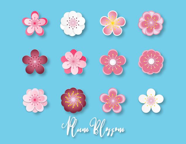 Creative vector illustration collection of plum blossom paper cut style isolated on blue background.
