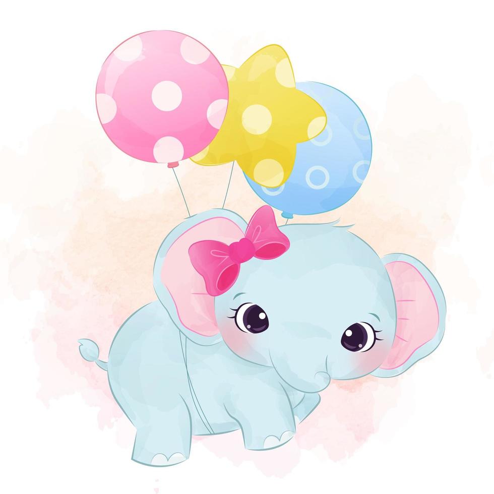 Cute baby elephant flying with balloons vector