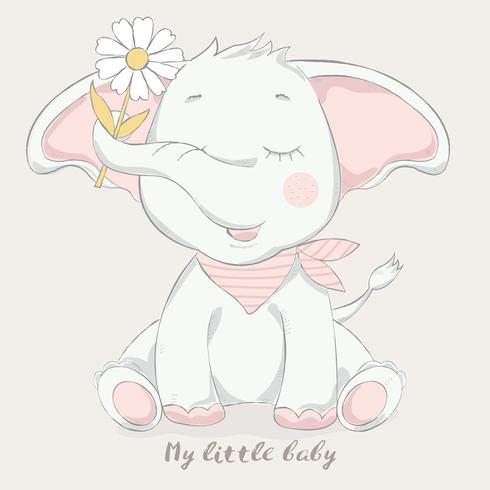 cute baby elephant with flower cartoon style vector