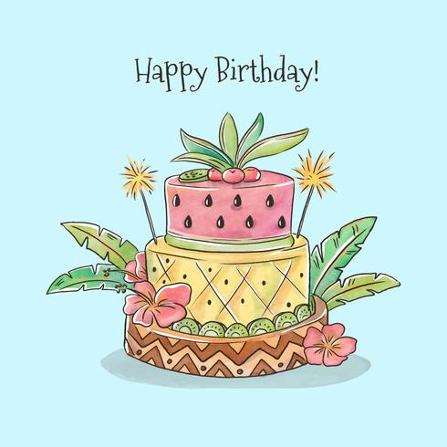 Cute Birthday Cake With Tropical Style Vector 