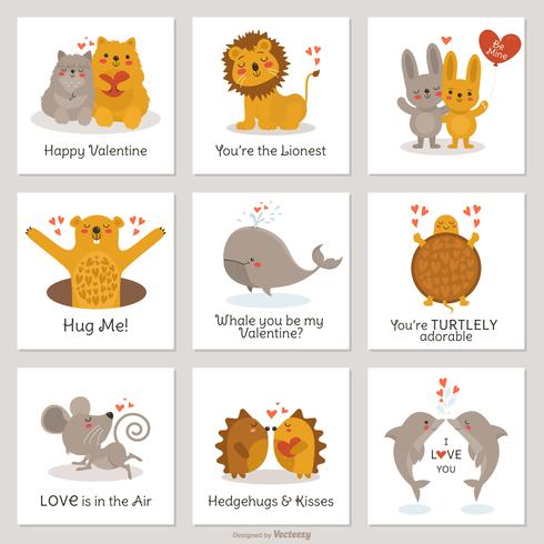Cute Cartoon Creatures In Love Valentine Cards Vector Set