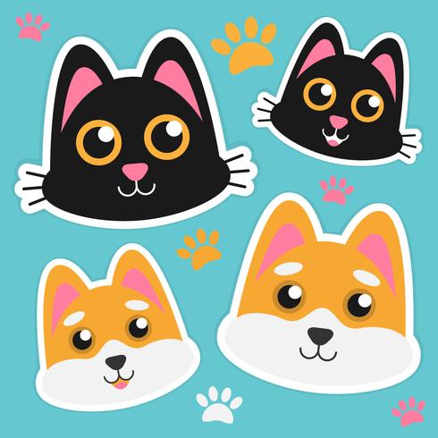 Cute Cat And Dogl Face Stickers vector