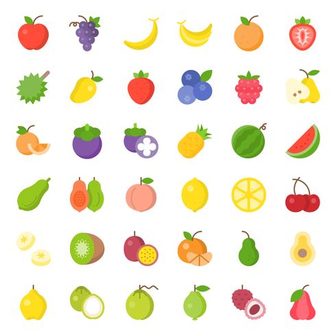 Cute fruit flat icon set, such as orange, kiwi, coconut, banana, papaya, peach vector