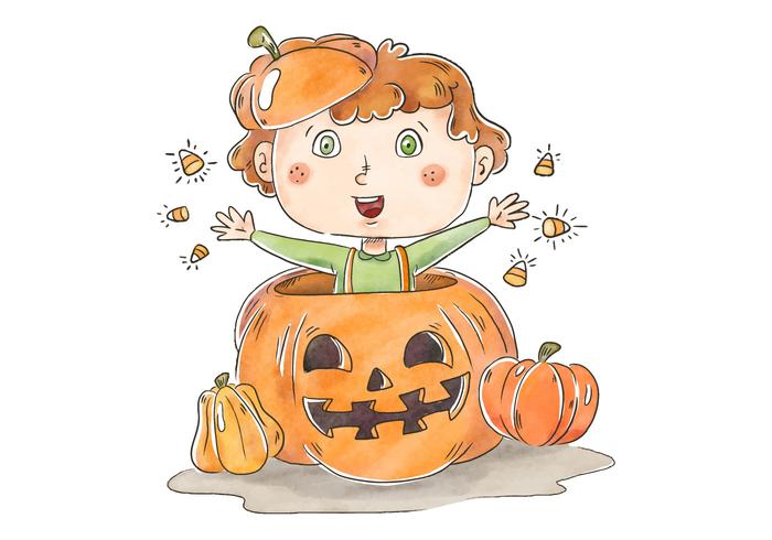 Cute Kid Smiling Inside A Pumpkin With Halloween Candies vector