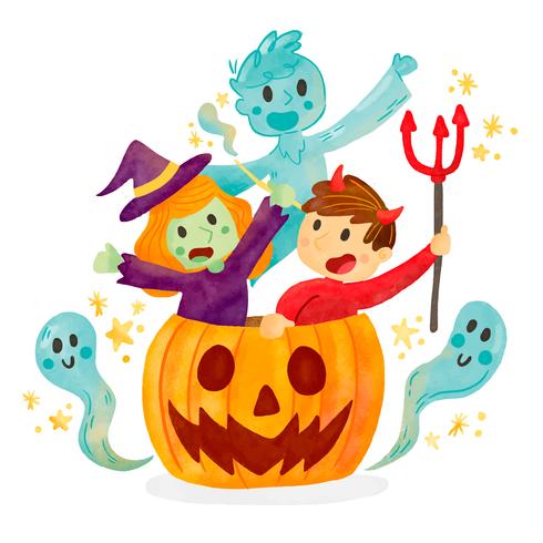 Cute Kids With Halloween Costume Inside Pumpkin vector