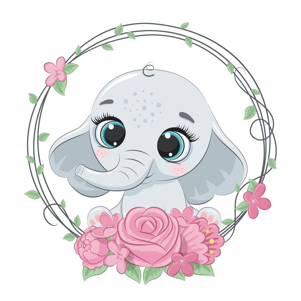 Cute summer baby elephant with flower wreath. vector
