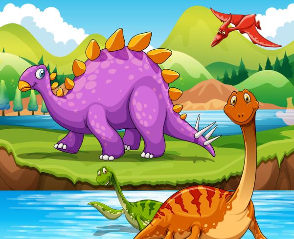 Dinosaurs living by the river vector