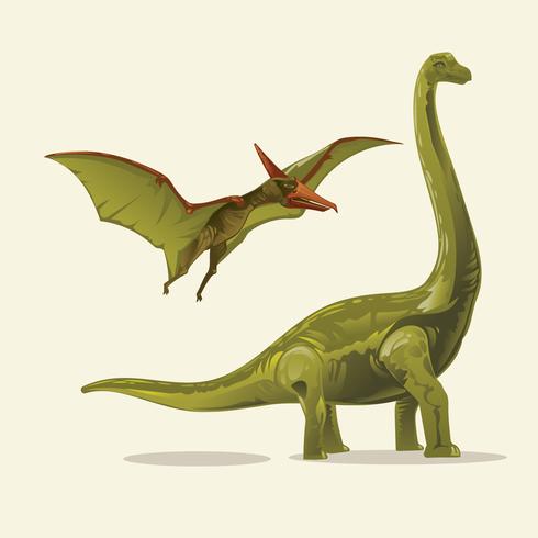 Dinosaurs realistic Illustration Brontosaurus and Pterodactyl vector