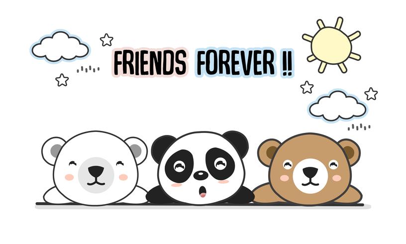 Friends forever greeting card with little animals. Cute bears cartoon vector illustration.