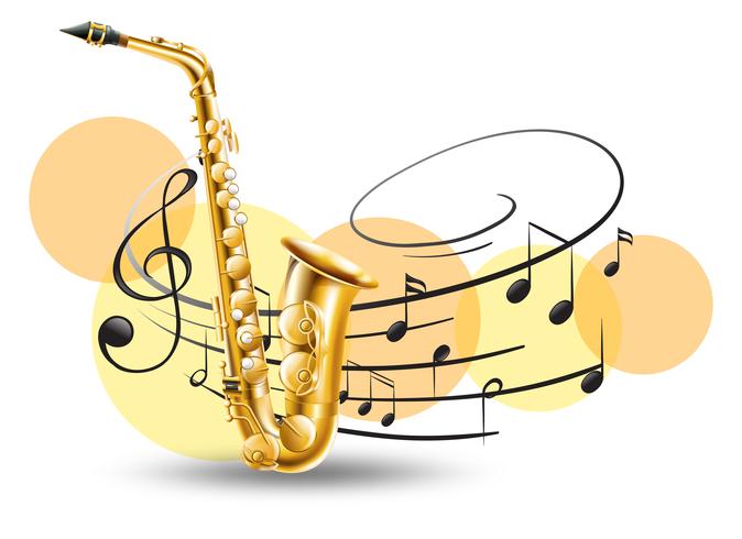 Golden saxophone with music notes in background vector