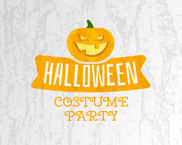 Happy Halloween costume party flyer template - orange and white colors with pumpkin, ribbon and texts on bright textured background. Stylish design for celebration Halloween. Vector