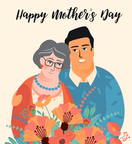 Happy Mothers Day. Vector illustration with man, woman and flowers.