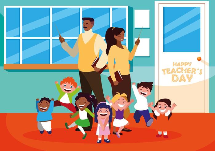 happy teacher day with teachers and students in school vector