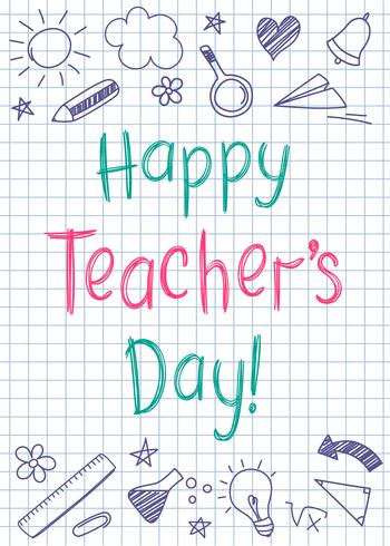 Happy Teachers Day greeting card on squared copybook sheet in sketchy style with handdrawn stars and hearts. vector