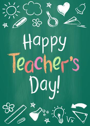 Happy Teachers Day greeting card or placard on green chalk board in sketchy style with handdrawn stars and hearts. vector