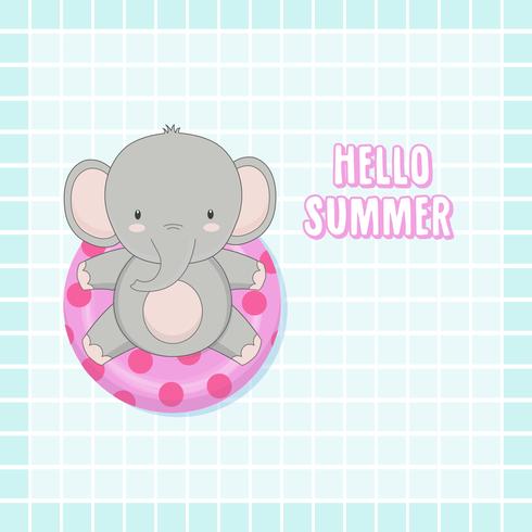 Hello summer cute elephant were swim ring cartoon.  vector