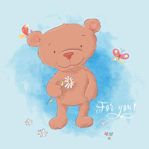 Illustration of a cute bear with a camomile. Hand draw vector