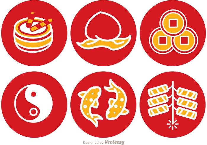 Lunar New Year Round Icons Vector