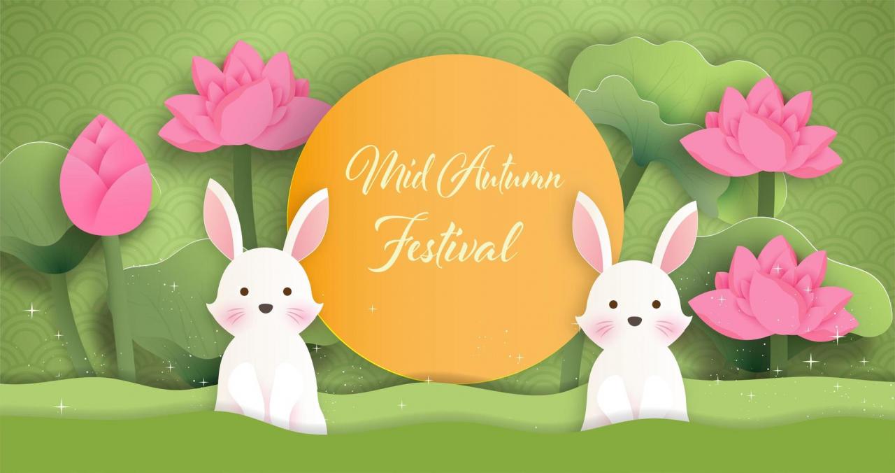 Mid Autumn Festival banner with rabbits in garden vector