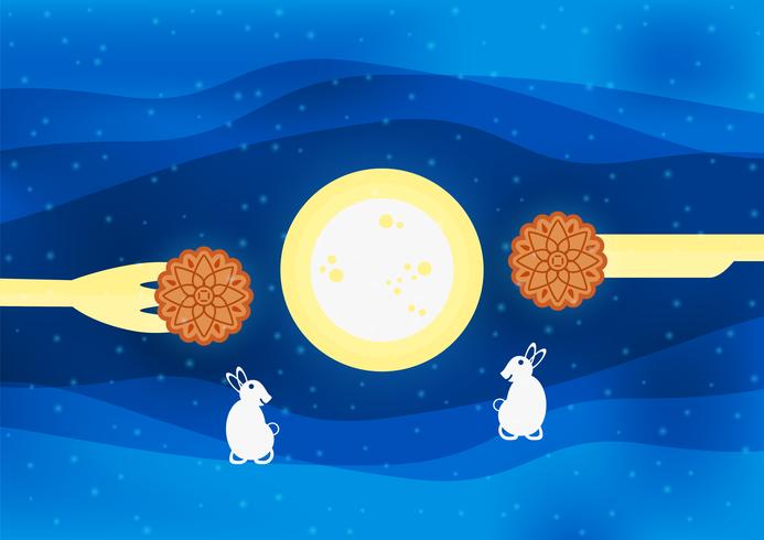 Mid Autumn Festival for Chinese people in flat design. Vector illustration on blue background with moon, rabbit,  mooncakes.