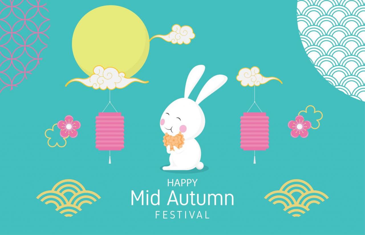Mid autumn festival poster with happy rabbit and decoration vector