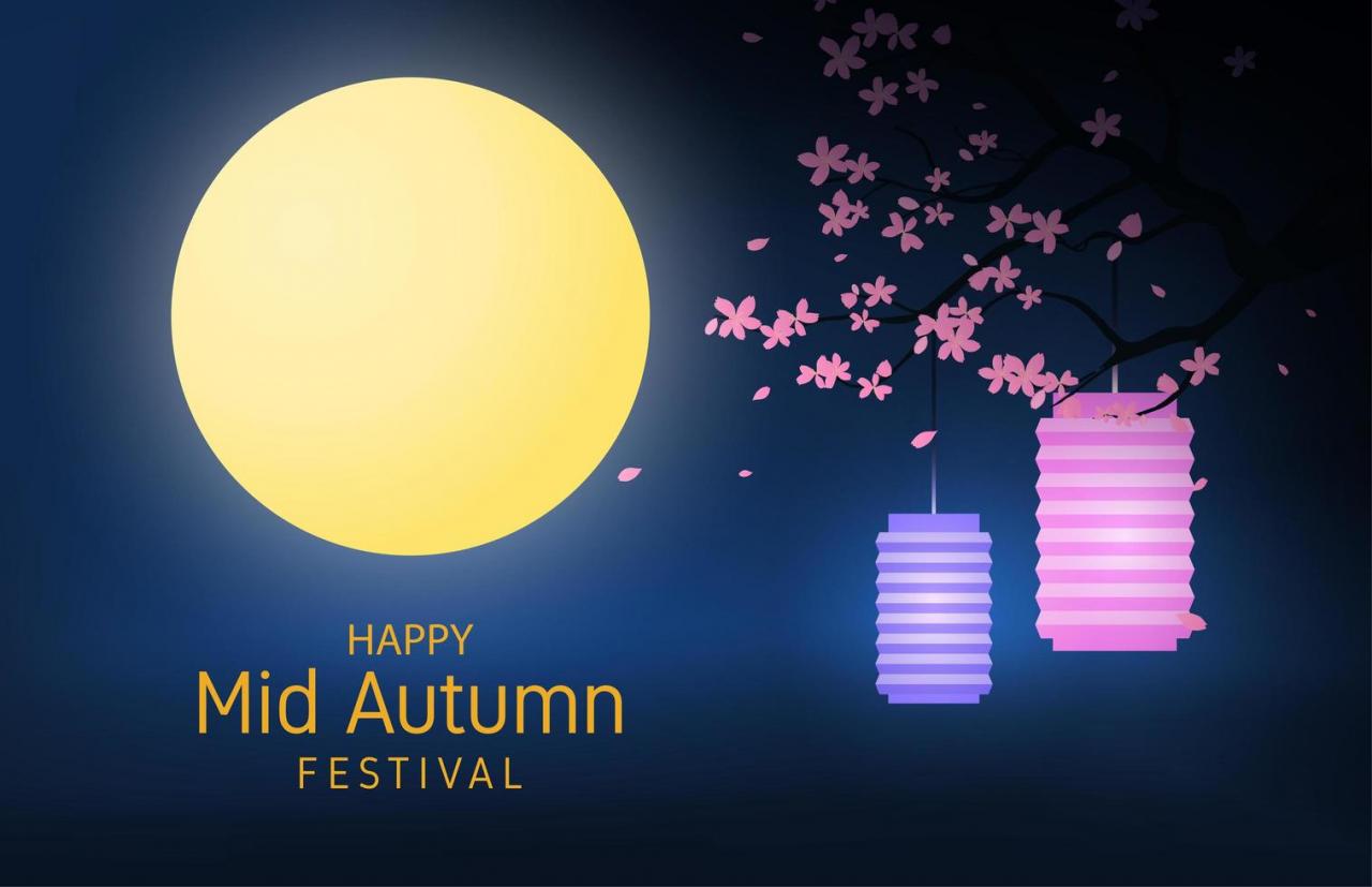 Mid autumn festival poster with lanterns in trees vector