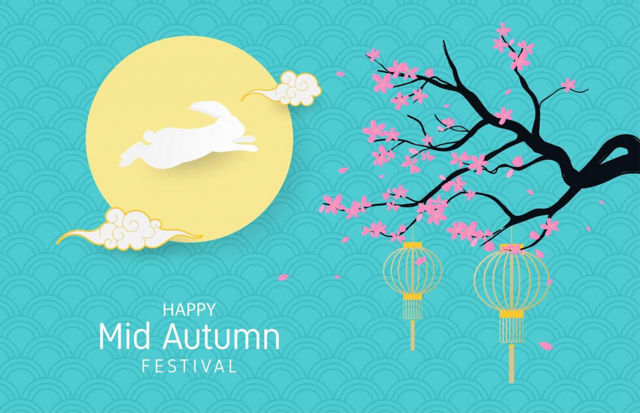 Mid autumn festival rabbit, moon, and cherry blossoms vector