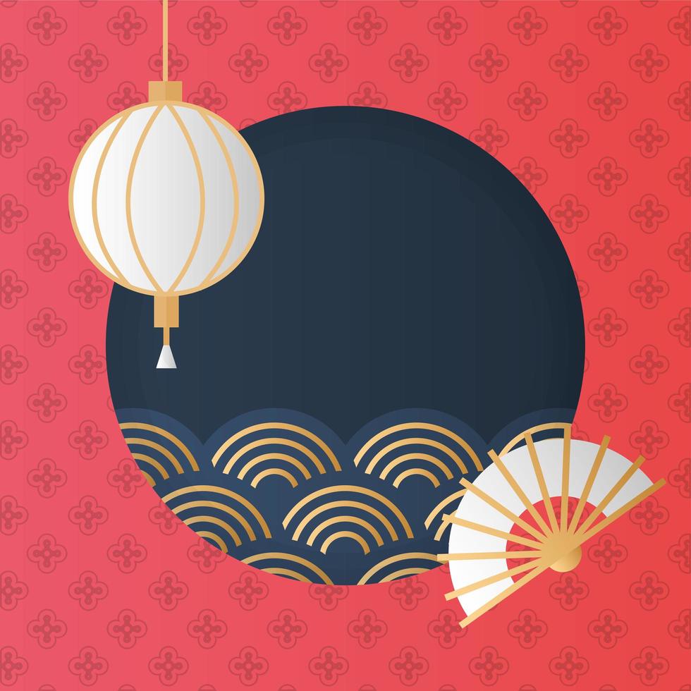 mid autumn festival with waves in circular frame and lanterns vector