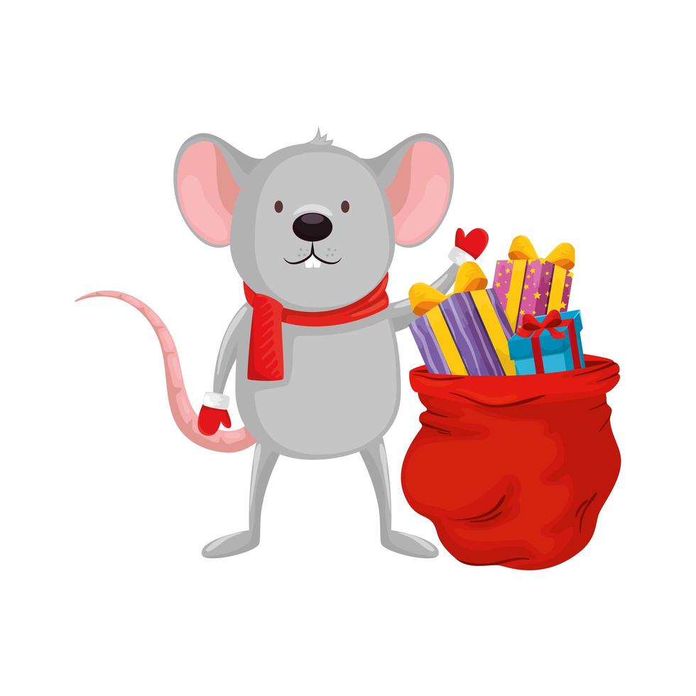 mouse and bag with gifts of merry christmas vector