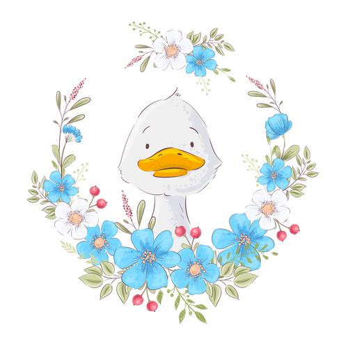 Postcard poster of a cute duckling in a wreath of flowers. Hand drawing. Vector