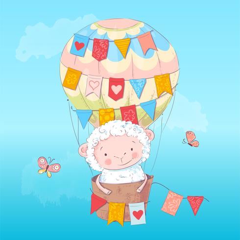 Poster cute lamb in a balloon. Hand drawing. Vector illustration of cartoon style