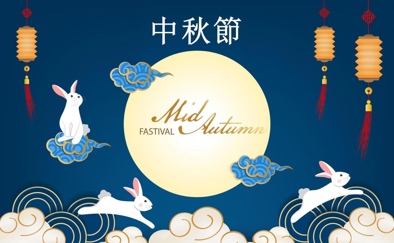 Rabbits jumping in clouds Chinese Mid-Autumn Festival design vector