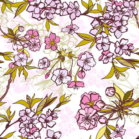 Seamless background pattern with blossoming sakura vector