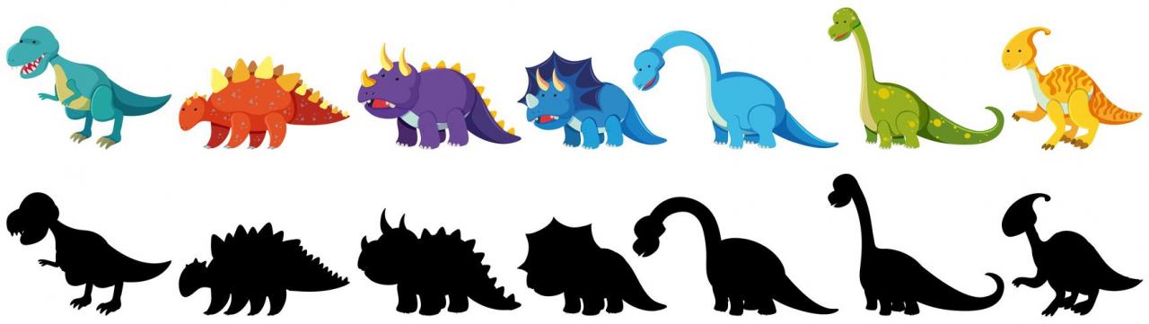 set of black and coloured dinosaurs vector