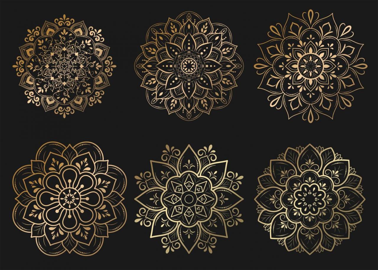 Set of gold mandalas with floral ornament pattern vector