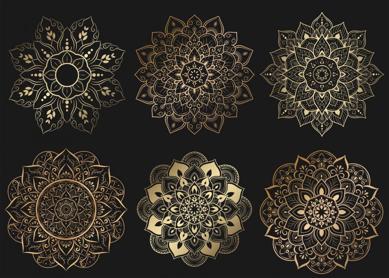 Set of gold mandalas with flower pattern on black vector