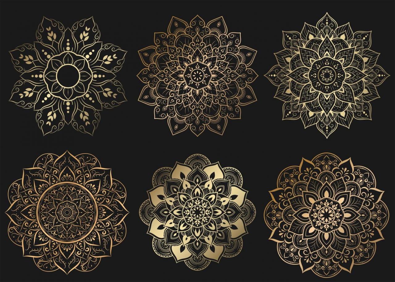 Set of gold mandalas with flower pattern on black vector