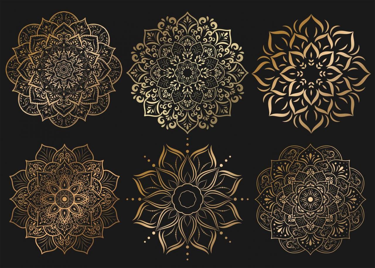 Set of golden mandalas with floral ornament pattern vector
