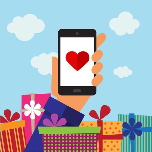 Smart-phone mobile, heart and gifts vector