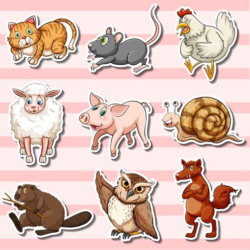 Sticker set with cute animals on pink background vector